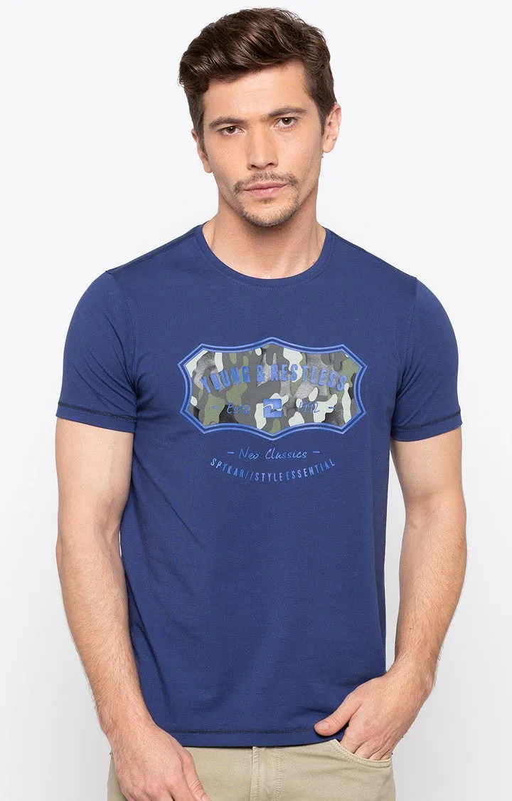 Spykar Royal Blue Printed Slim Fit Men T-Shirts