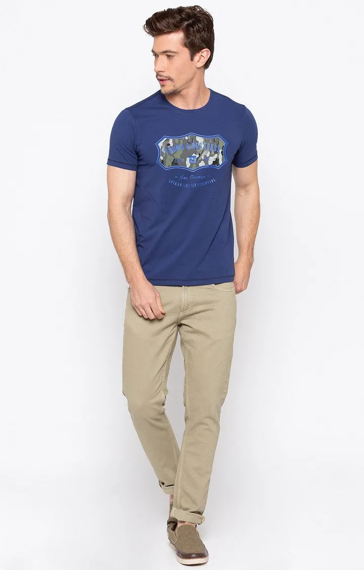 Spykar Royal Blue Printed Slim Fit Men T-Shirts