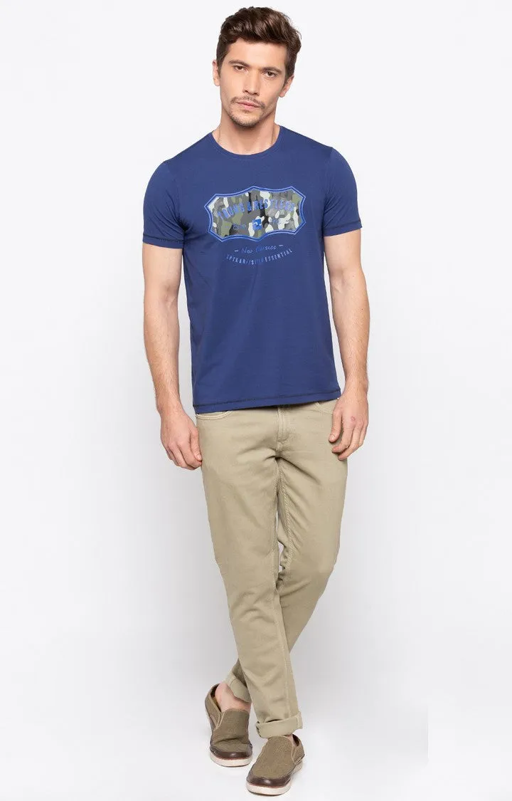 Spykar Royal Blue Printed Slim Fit Men T-Shirts