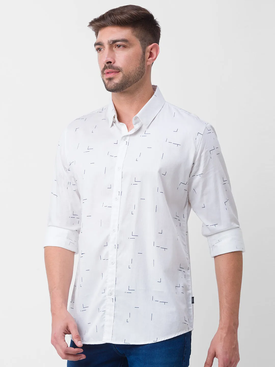 Spykar White Satin Full Sleeve Printed Shirt For Men