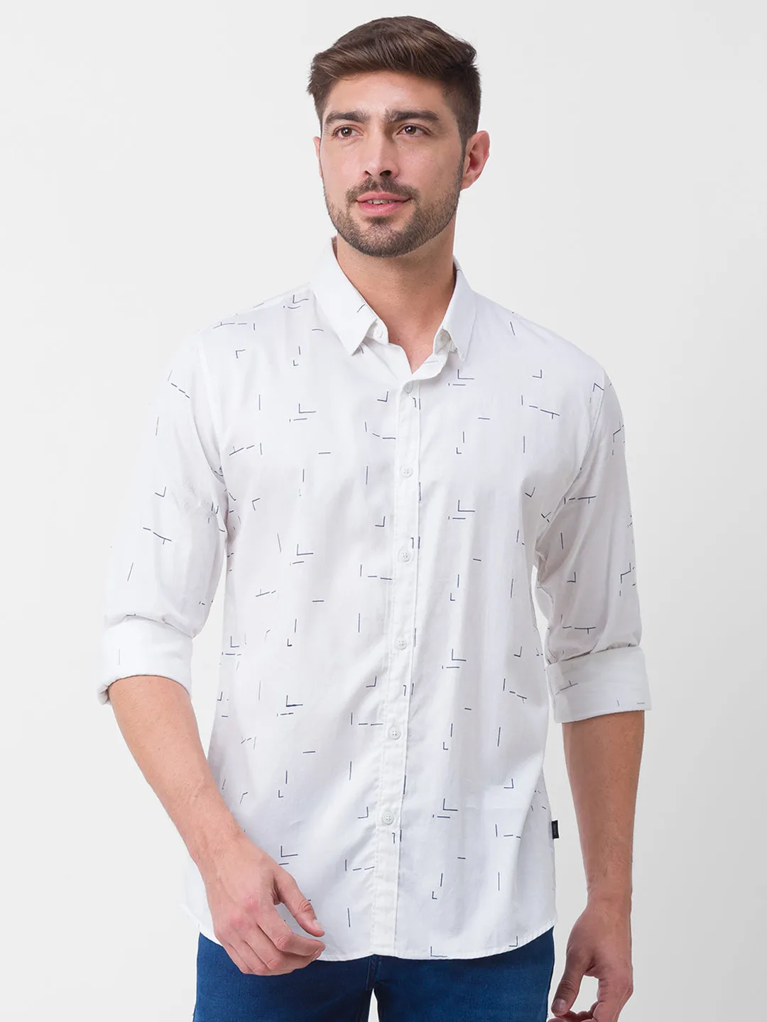 Spykar White Satin Full Sleeve Printed Shirt For Men