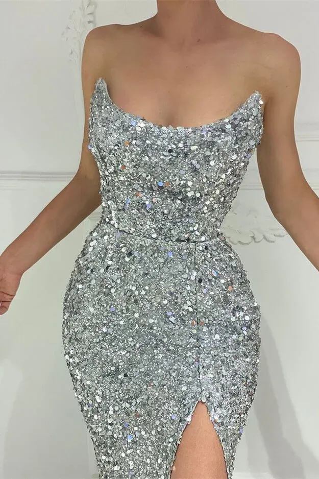 Strapless Mermaid Silver Prom Dress Sparkly Sequins Cheap Evening Gowns #POL028