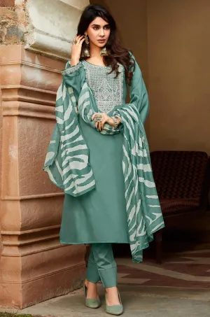 Teal Blue Pure Cotton Satin Salwar Suit with Embroidery Unstitched