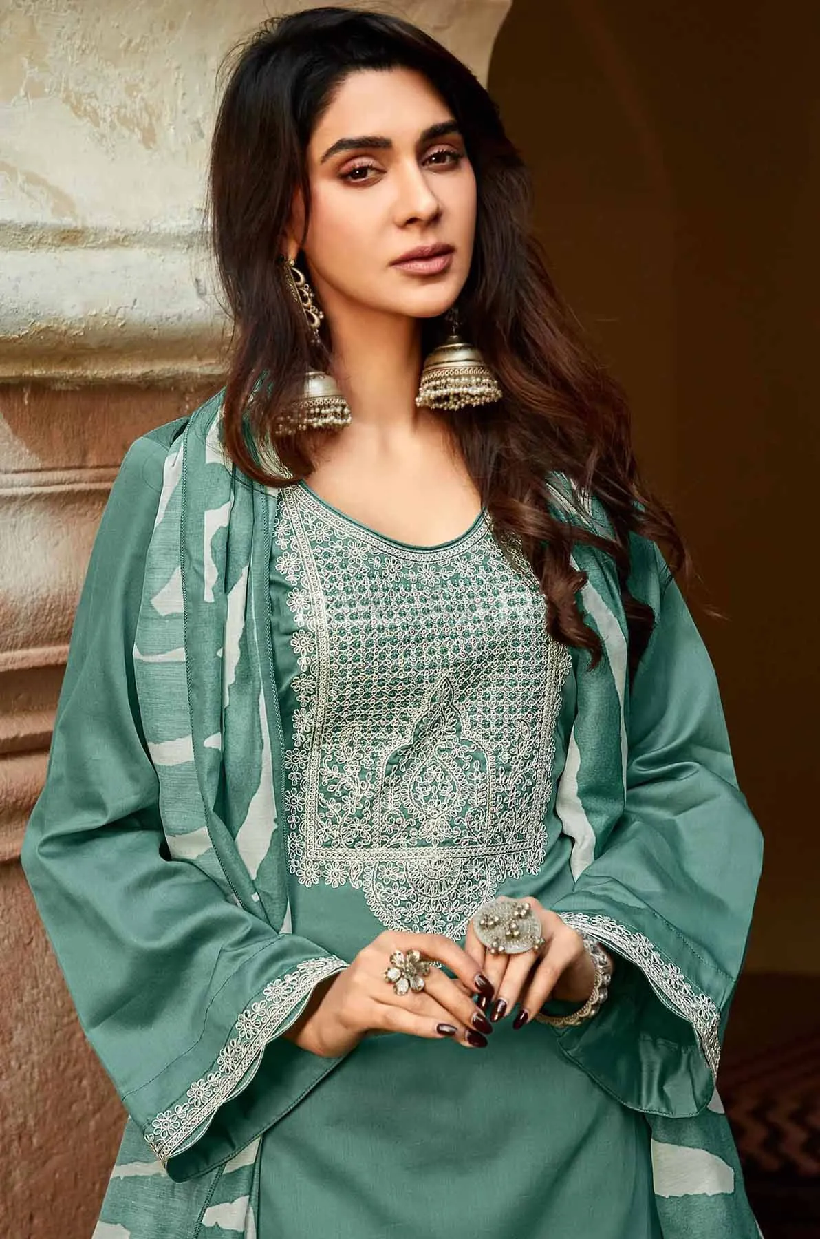 Teal Blue Pure Cotton Satin Salwar Suit with Embroidery Unstitched