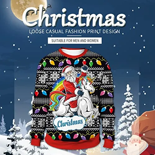 Unisex Ugly Christmas Sweatshirt Long Sleeve Novelty3D Printed Funny Graphic Tops Sweater Pullover for Xmas Holiday Party (Black Santa, XX-Large)