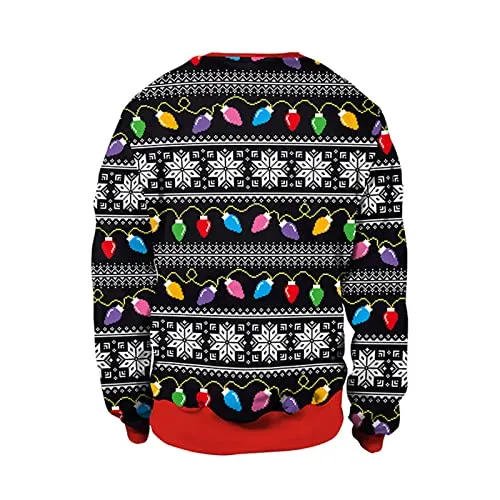 Unisex Ugly Christmas Sweatshirt Long Sleeve Novelty3D Printed Funny Graphic Tops Sweater Pullover for Xmas Holiday Party (Black Santa, XX-Large)