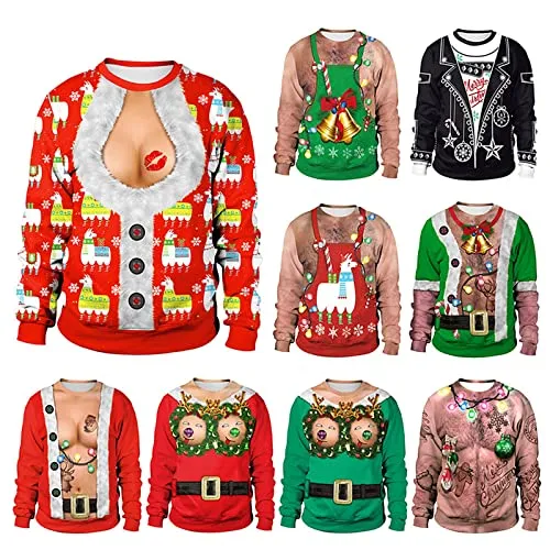 Unisex Ugly Christmas Sweatshirt Long Sleeve Novelty3D Printed Funny Graphic Tops Sweater Pullover for Xmas Holiday Party (Black Santa, XX-Large)