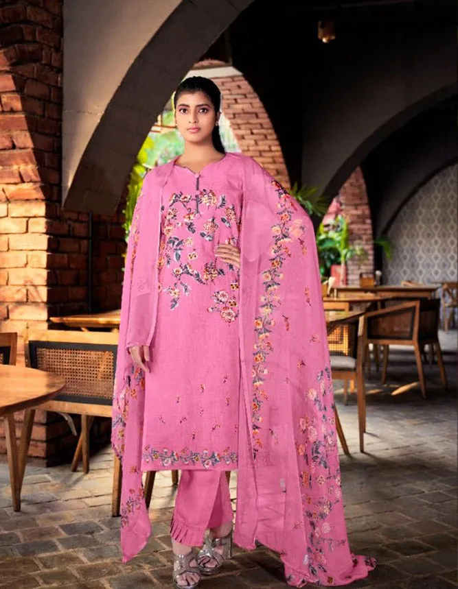 Unstitched Cotton Linen Printed Suit Material with Chiffon Dupatta