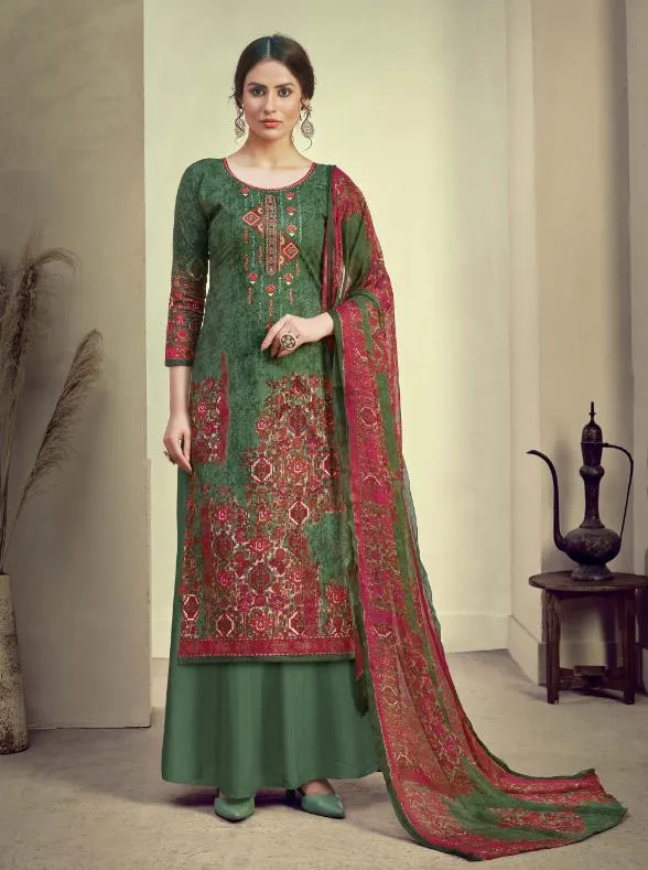 Unstitched Dark Green Cotton Embroidery Suits Dress Material