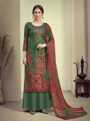 Unstitched Dark Green Cotton Embroidery Suits Dress Material