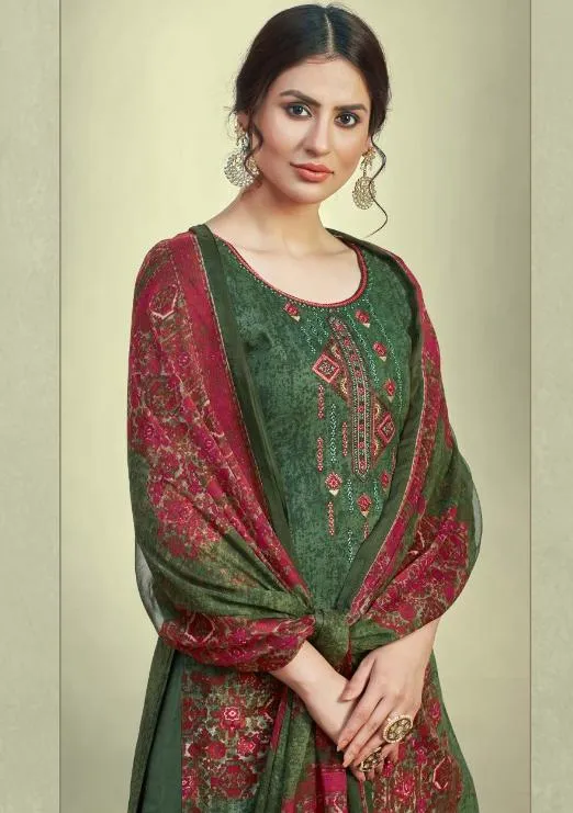 Unstitched Dark Green Cotton Embroidery Suits Dress Material