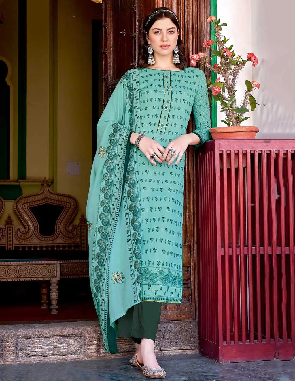 Unstitched Green Pure Cotton Suits Dress Material