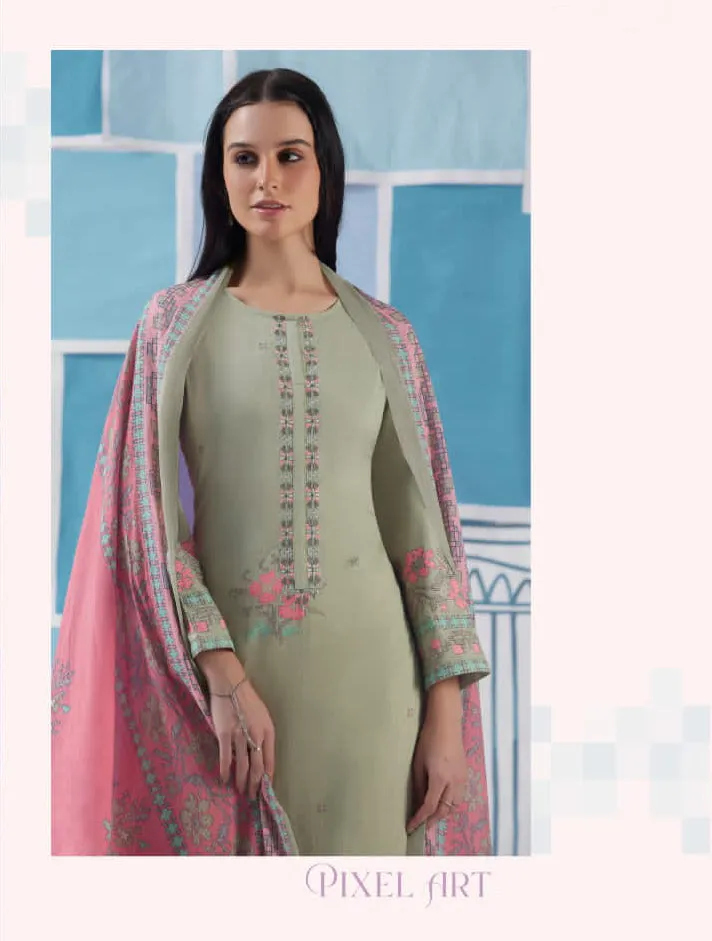 Unstitched Pista Green Cotton Suit for Women with Embroidery