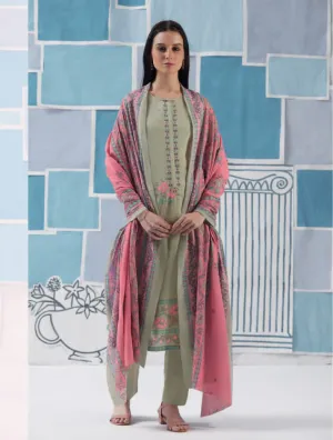 Unstitched Pista Green Cotton Suit for Women with Embroidery