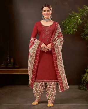 Unstitched Pure Cotton Women Red Punjabi Suit Dress Material