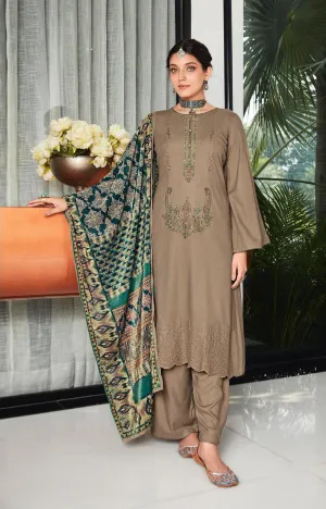 Unstitched Pure Staple Pashmina Embroidered brown Winter Suits with Velvet Dupatta