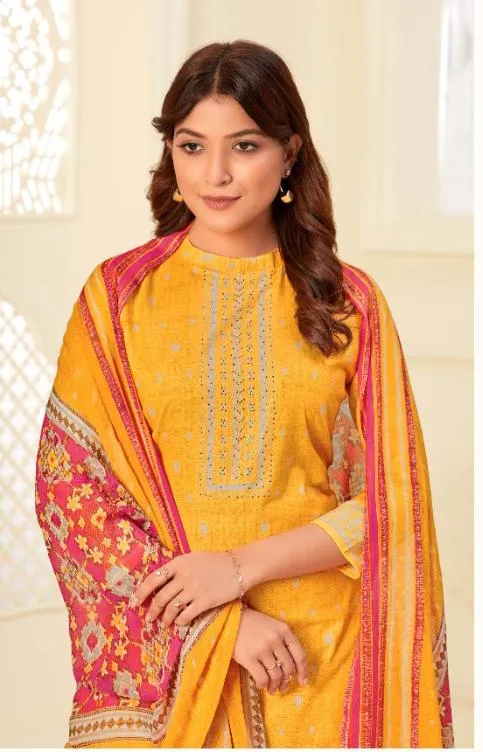 Unstitched Yellow Palazzo Dress Material with Chiffon Dupatta for Woman