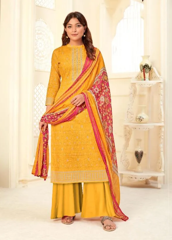 Unstitched Yellow Palazzo Dress Material with Chiffon Dupatta for Woman