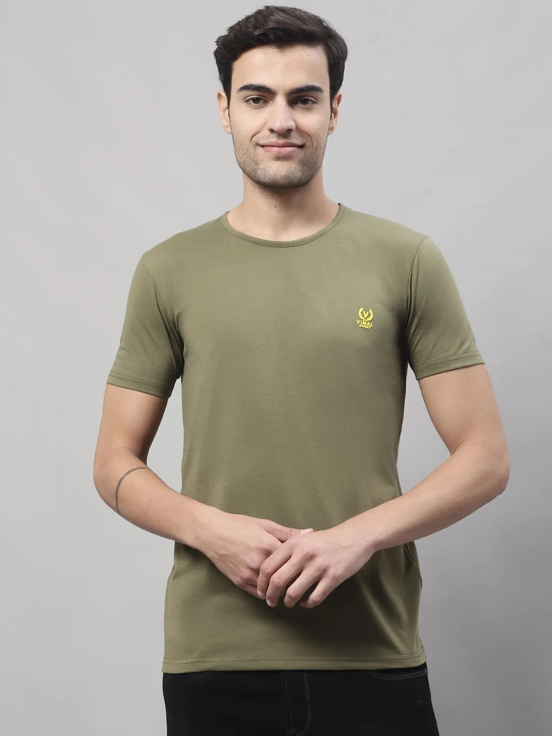 Vimal Jonney Round Neck Cotton Solid Olive T-Shirt for Men