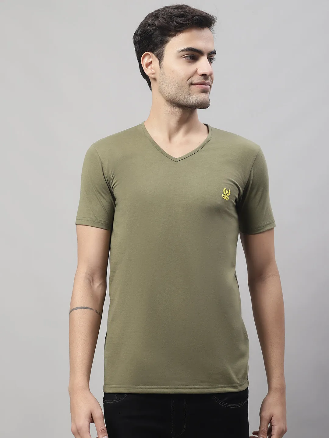 Vimal Jonney V Neck Cotton Solid Olive T-Shirt for Men