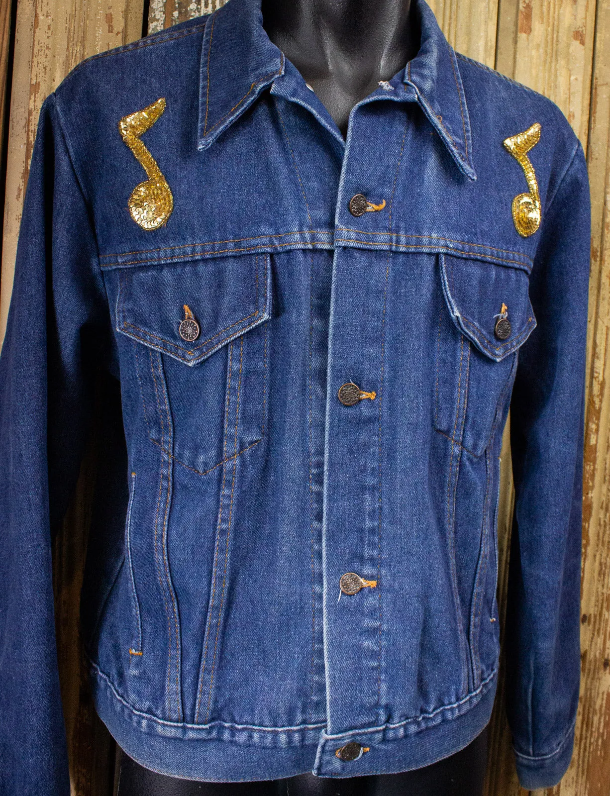 Vintage Denim Jacket with Sequin Music Note & Guitar XL