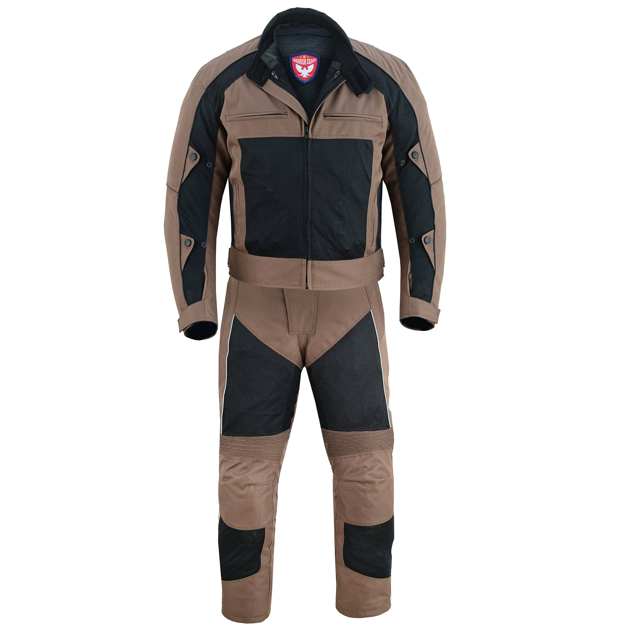 Warrior Gears® Air Mesh Motorbike Suits for Men, Breathable Textile Motorbike Jacket and Trouser with Removable Lining and CE Armours - Black & Brown