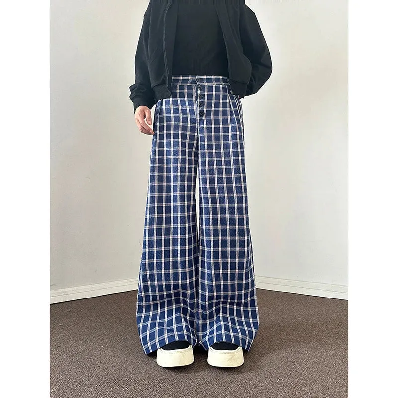 Wiaofellas  -  Autumn Casual Pants Men Oversized Fashion Retro Blue Plaid Pants Men Streetwear Korean Loose Wide Leg Pants Mens Trousers S-3XL