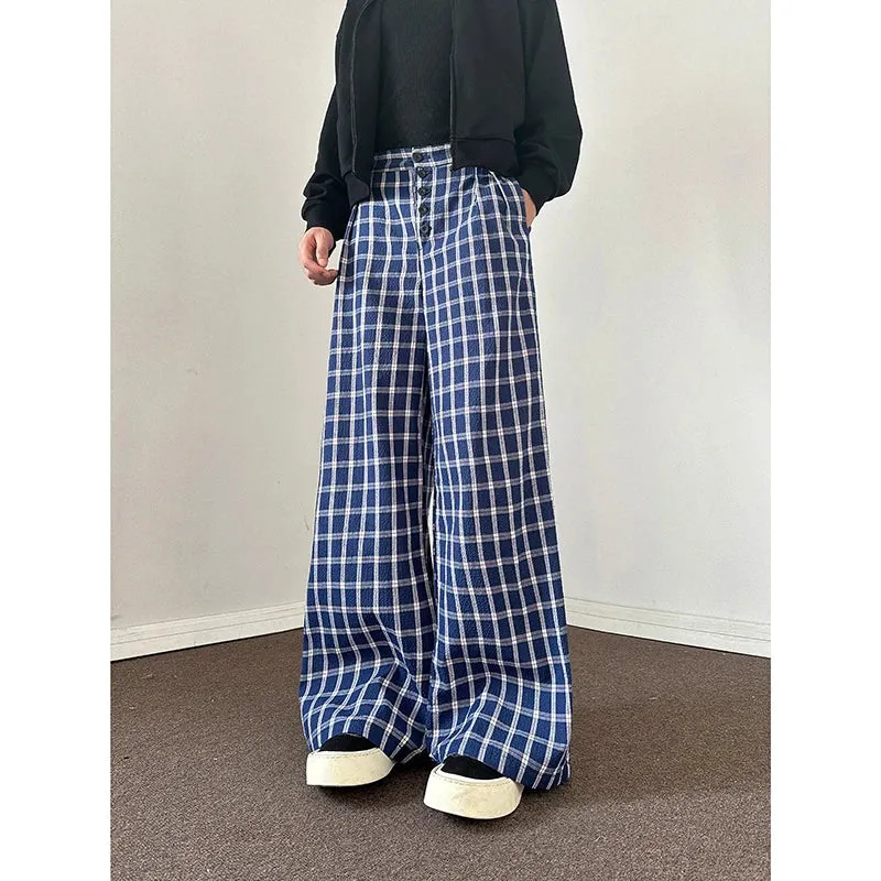 Wiaofellas  -  Autumn Casual Pants Men Oversized Fashion Retro Blue Plaid Pants Men Streetwear Korean Loose Wide Leg Pants Mens Trousers S-3XL