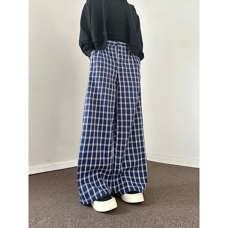 Wiaofellas  -  Autumn Casual Pants Men Oversized Fashion Retro Blue Plaid Pants Men Streetwear Korean Loose Wide Leg Pants Mens Trousers S-3XL