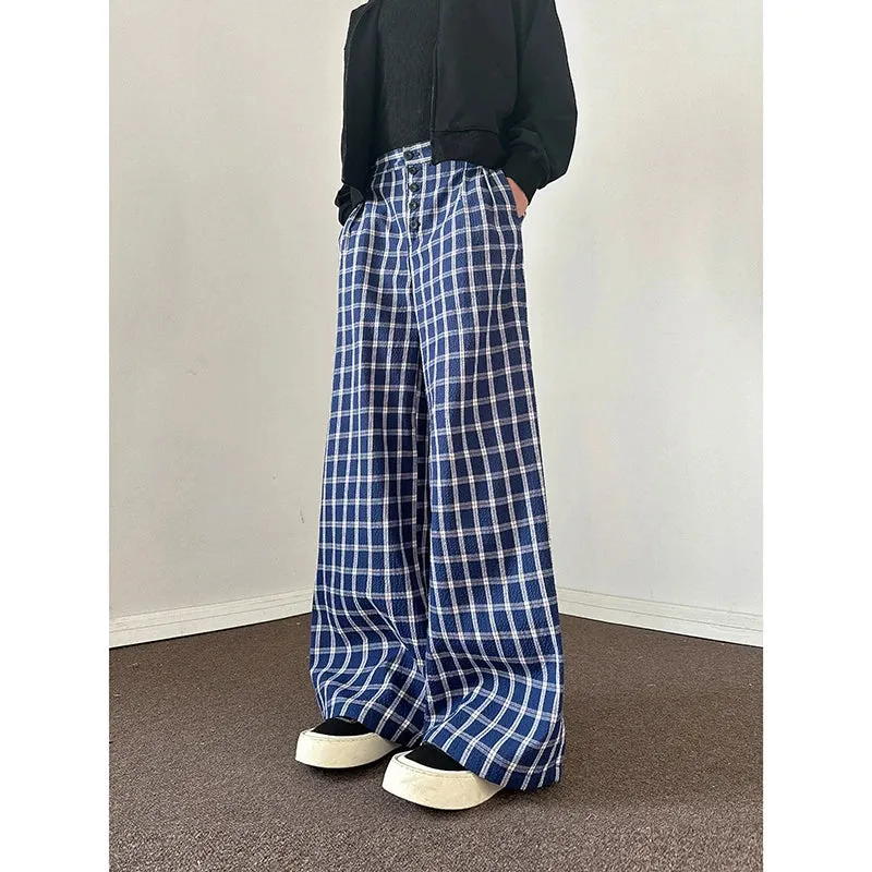 Wiaofellas  -  Autumn Casual Pants Men Oversized Fashion Retro Blue Plaid Pants Men Streetwear Korean Loose Wide Leg Pants Mens Trousers S-3XL