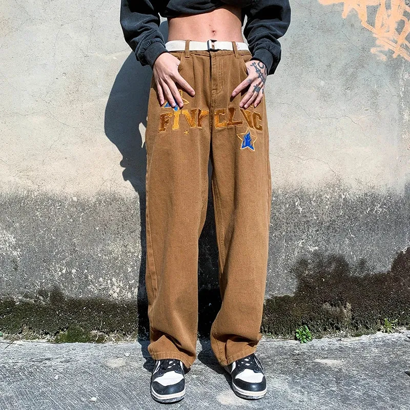 Wiaofellas   -  Letter Embroidery Casual Jeans Men Straight Wide Leg Pants Spring Summer Women Harajuku Oversize Streetwear Denim Trousers