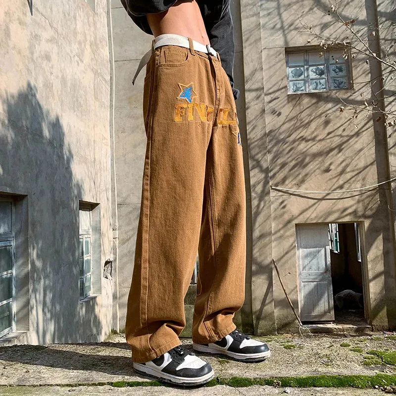 Wiaofellas   -  Letter Embroidery Casual Jeans Men Straight Wide Leg Pants Spring Summer Women Harajuku Oversize Streetwear Denim Trousers