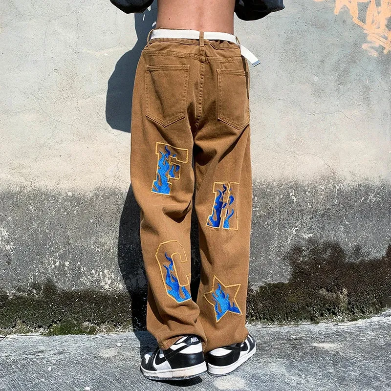 Wiaofellas   -  Letter Embroidery Casual Jeans Men Straight Wide Leg Pants Spring Summer Women Harajuku Oversize Streetwear Denim Trousers