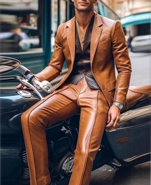 Wiaofellas  -  Men Suit Slim Fit Blazer & Pants 2Pcs Set Contrast Trim Notch Lapel PU Leather Jacket Male Business Casual Prom Suit Moto style