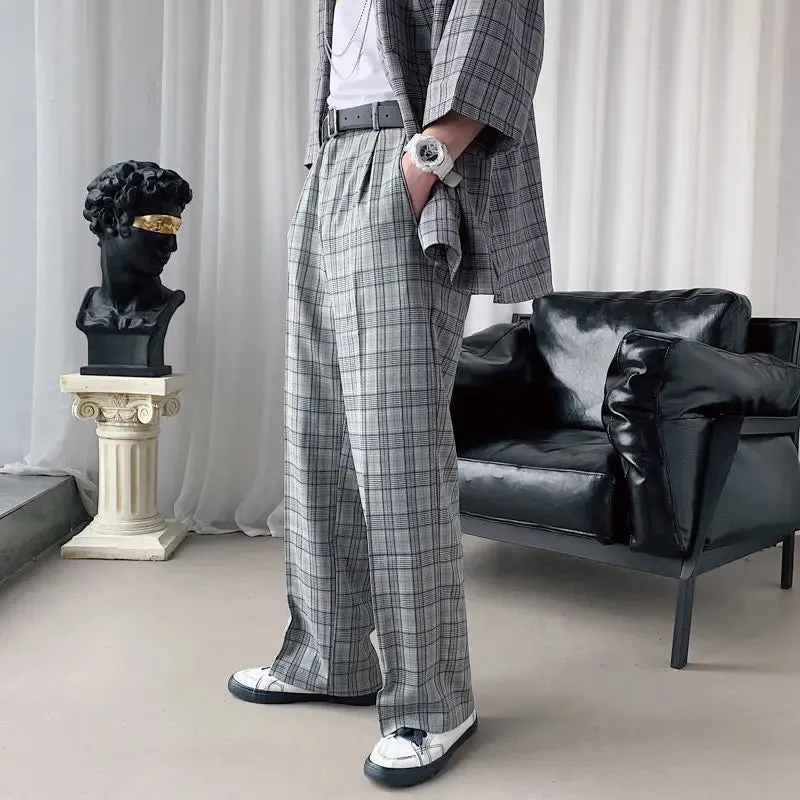 WIAOFELLAS -  Men's Plaid Business Casual Pants Stripe Blazer Suits Pants Loose Formal Wide Leg Pants Grey/khaki Social Trousers S-XL