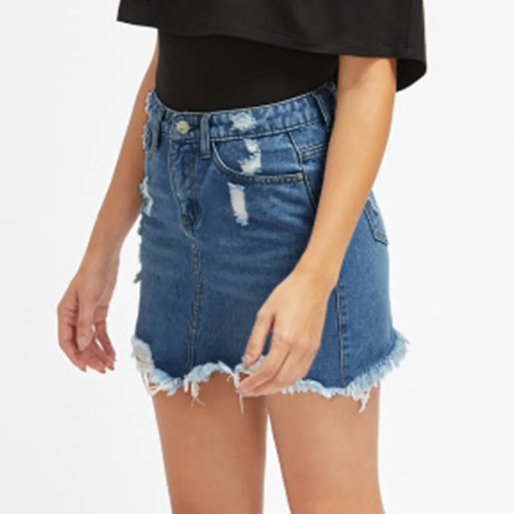 Women Blue Ripped Casual Mini Denim Skirt Summer New Bodycon Women Skirt Basic Pocket jeans