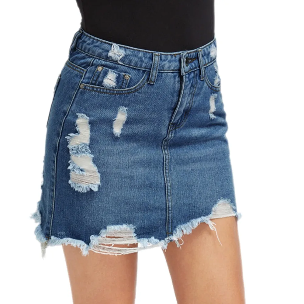 Women Blue Ripped Casual Mini Denim Skirt Summer New Bodycon Women Skirt Basic Pocket jeans