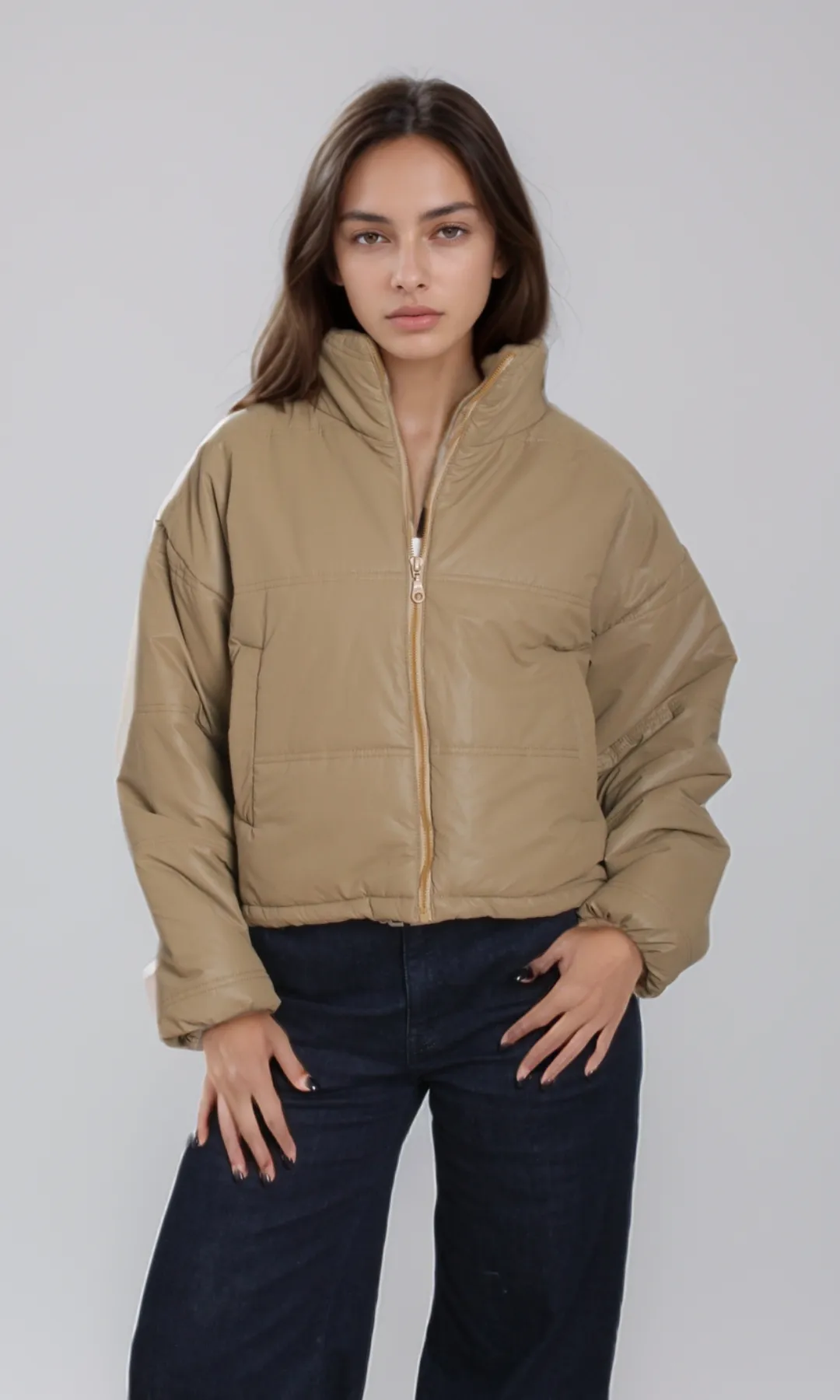 Women Cropped Puffer Jacket (Café)