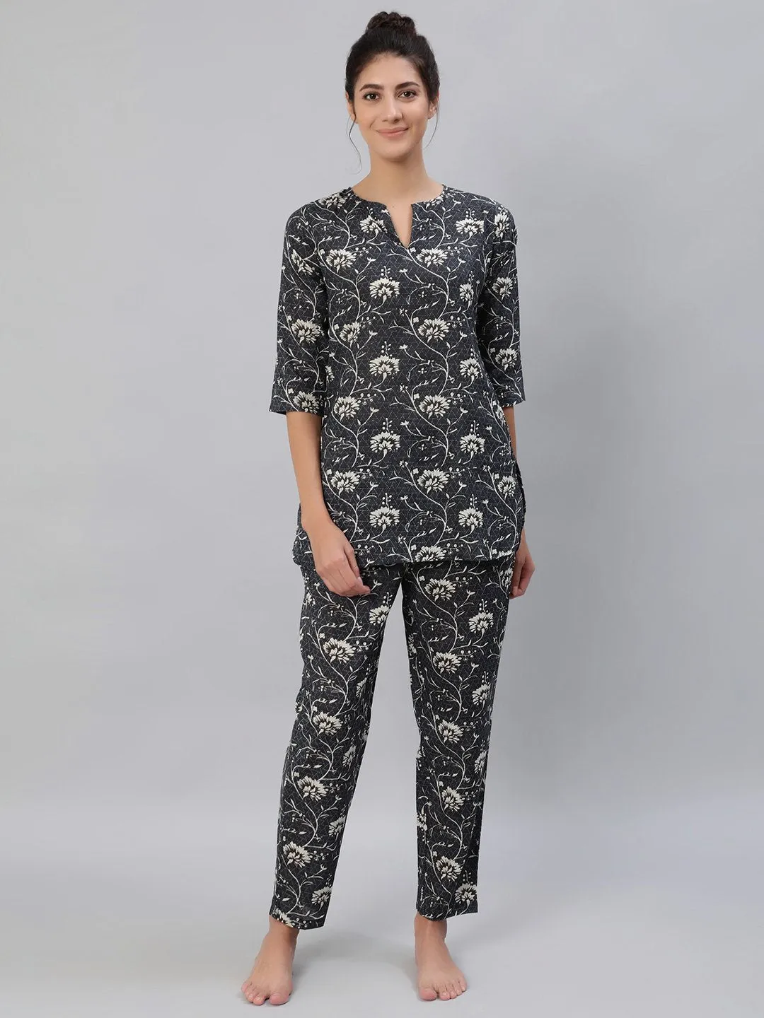 Women Grey Floral Printed Night Suit Set