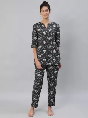 Women Grey Floral Printed Night Suit Set