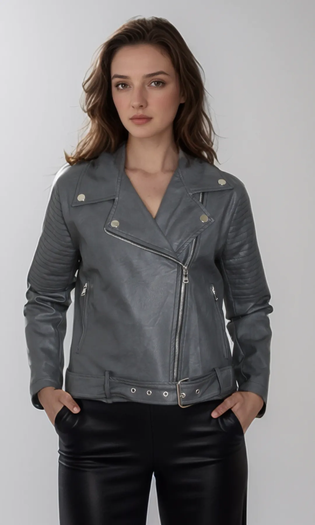 Women leather jacket -Belt on Hem (Grey)