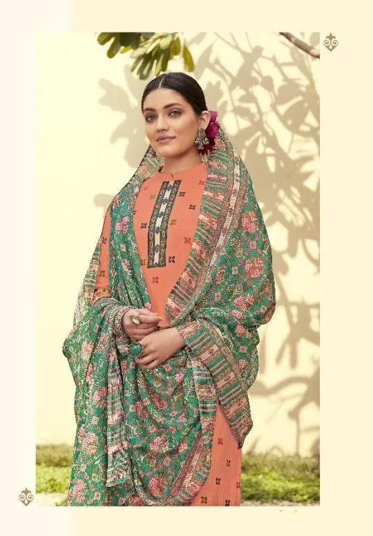 Women Orange Unstitched Lawn Cotton Suits Dress Material