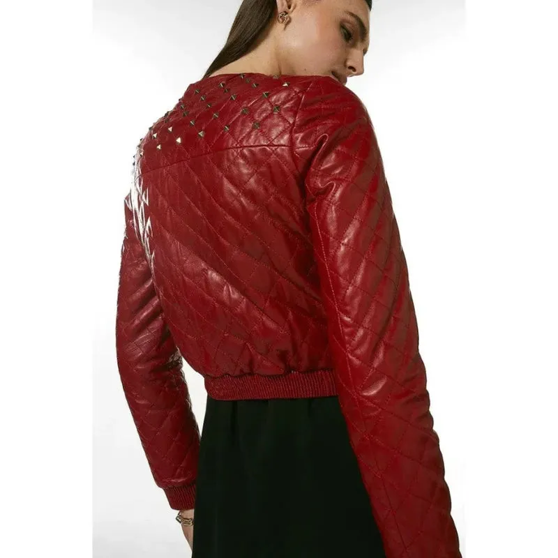 Women Red Bomber Studded Leather Jacket