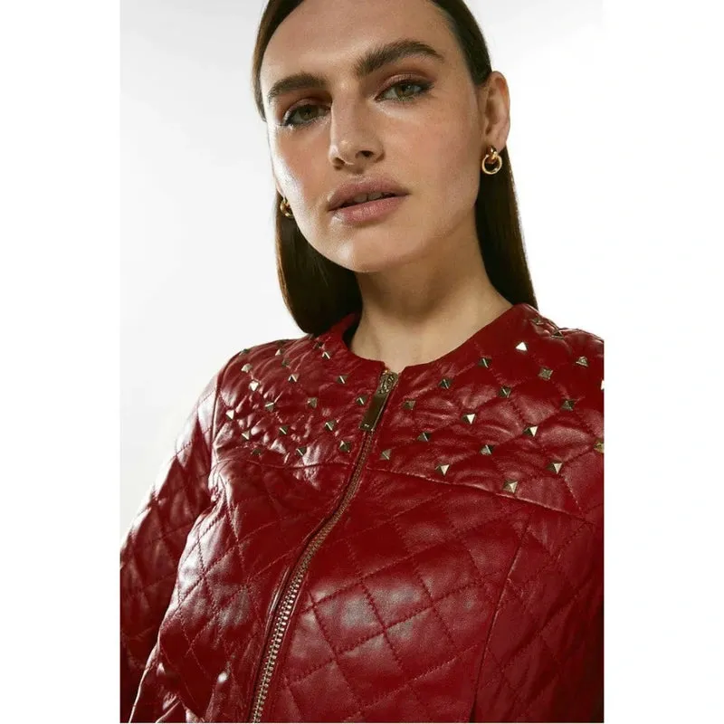 Women Red Bomber Studded Leather Jacket