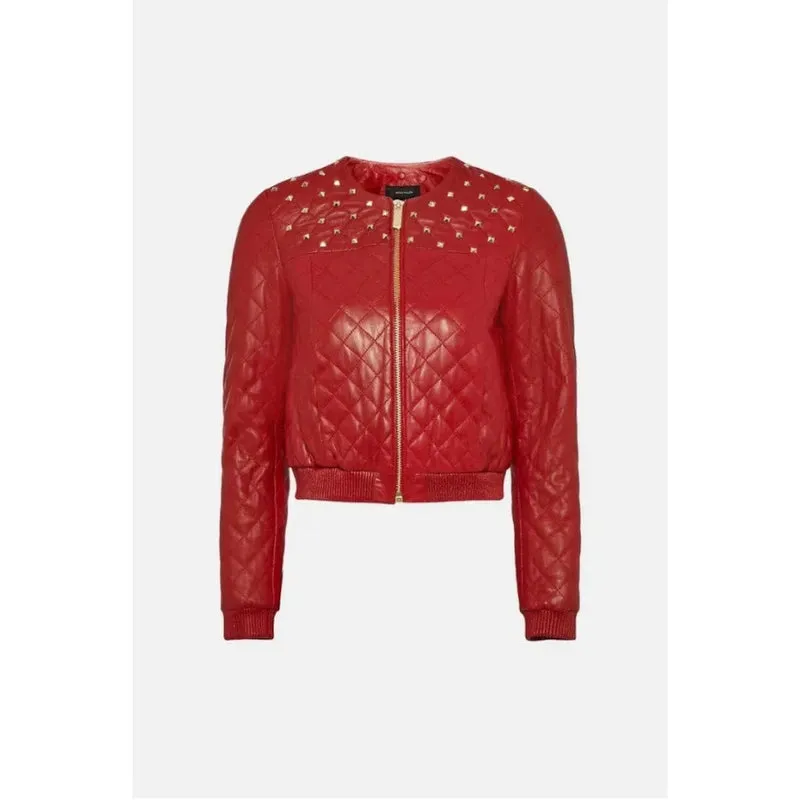 Women Red Bomber Studded Leather Jacket