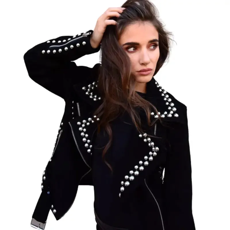 Women Suede Studded Leather Jacket