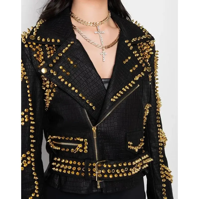 Women's Black Crocodile Texture Studs Leather Jacket