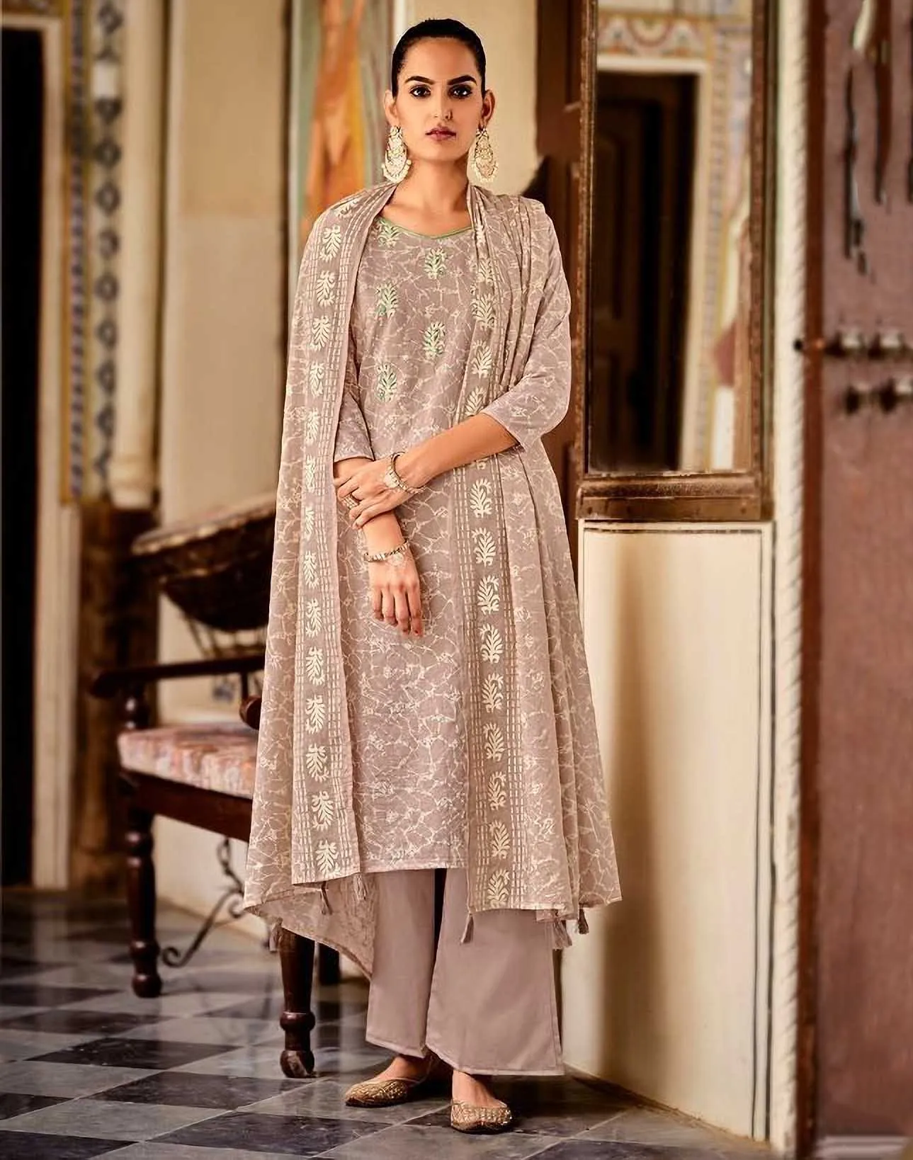 Women's Bown Unstitched Pure Cotton Suit Material with Embroidery