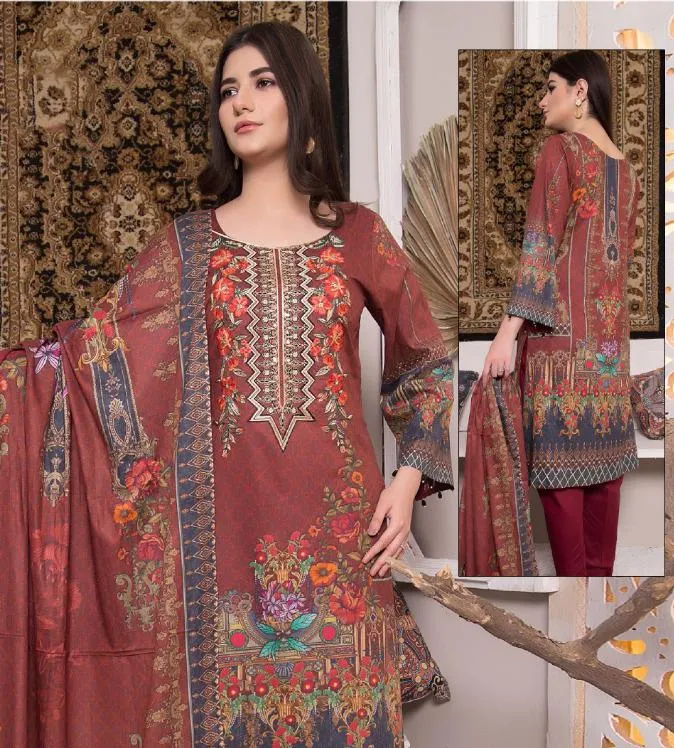 Women's Cotton Dark Orange Pakistani Unstitched Suit Dress Material