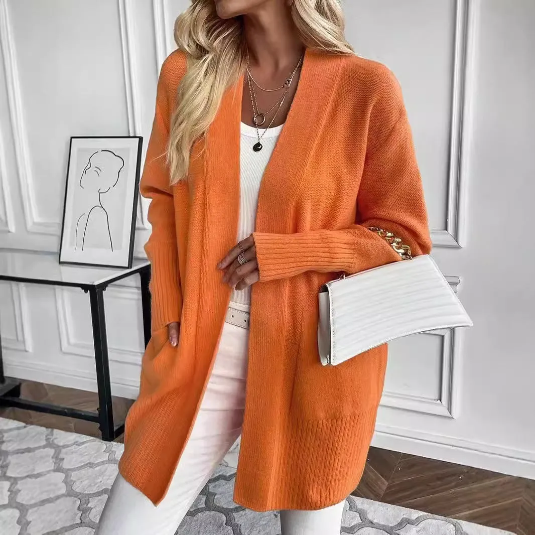 Women's Mid-length Large Pocket Long Sleeve Sweaters Cardigan